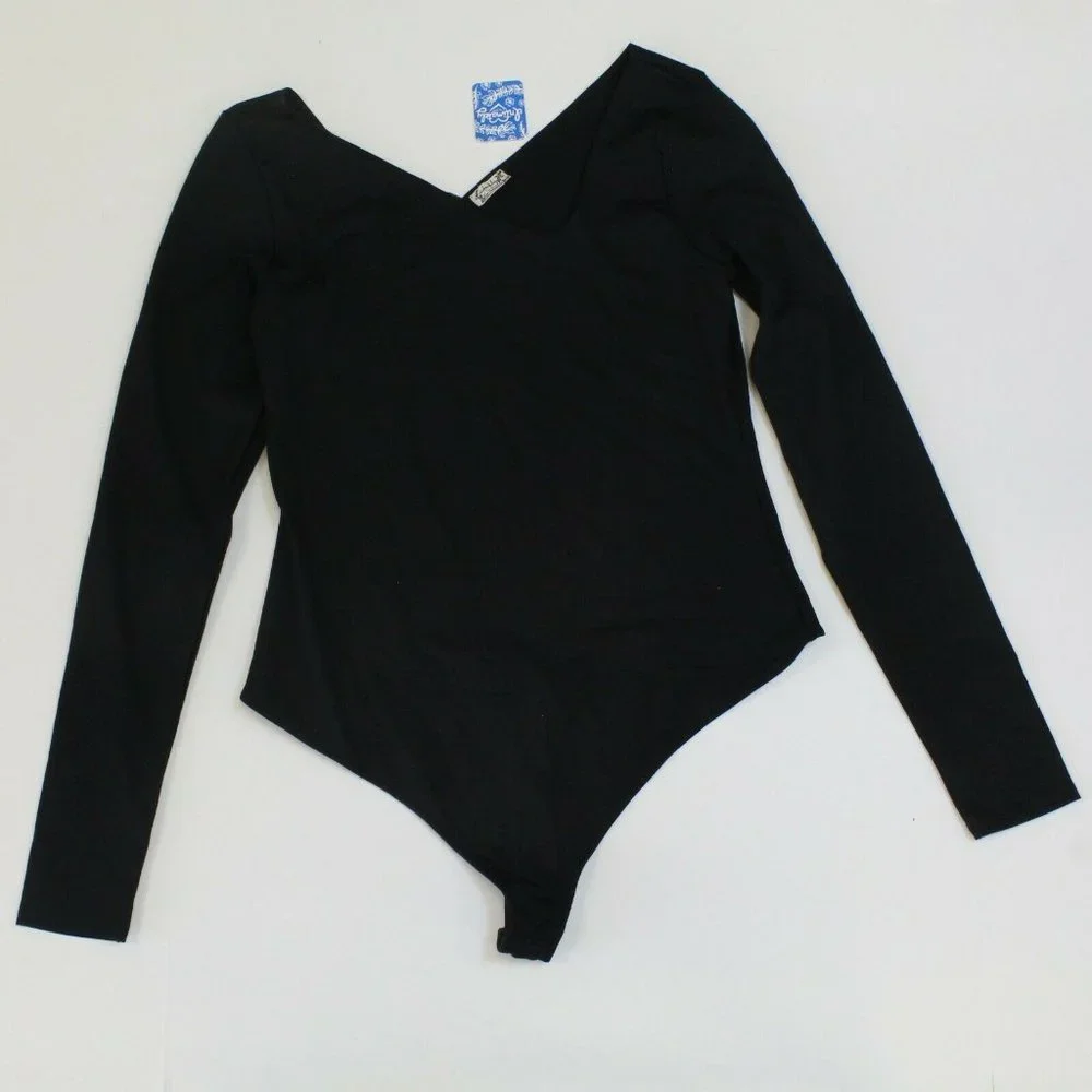 Free People Abbie Thong Bodysuit Asymmetrical Black NEW Large